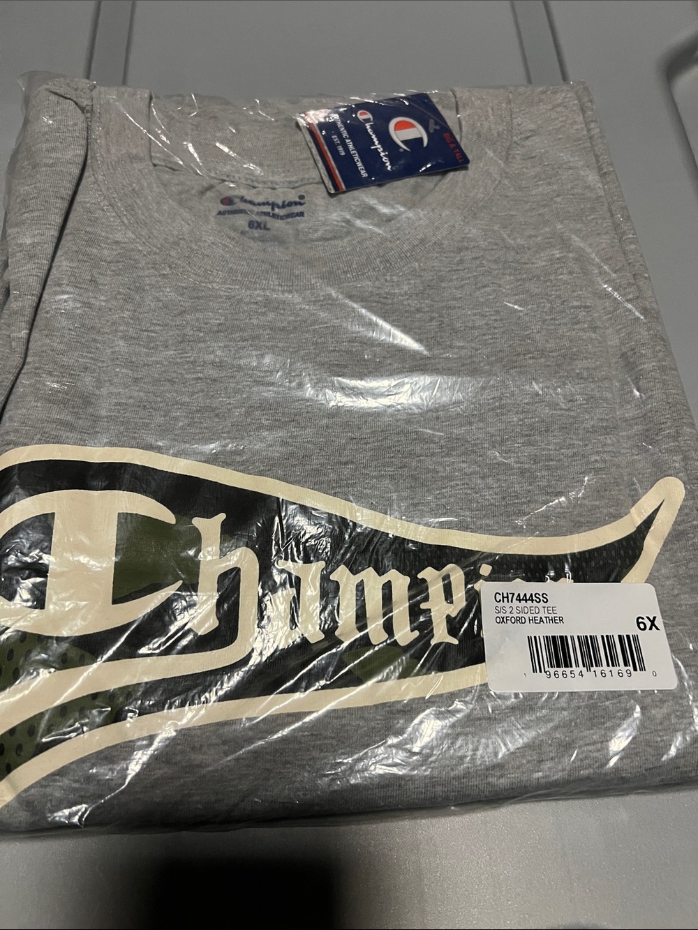 Champion Oxford Heather Logo Tee - Gray with Cream Accent sz 6XL